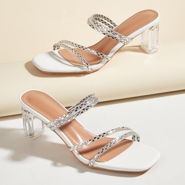 

Rhinestone Decor Chunky Heeled Mules, Silver