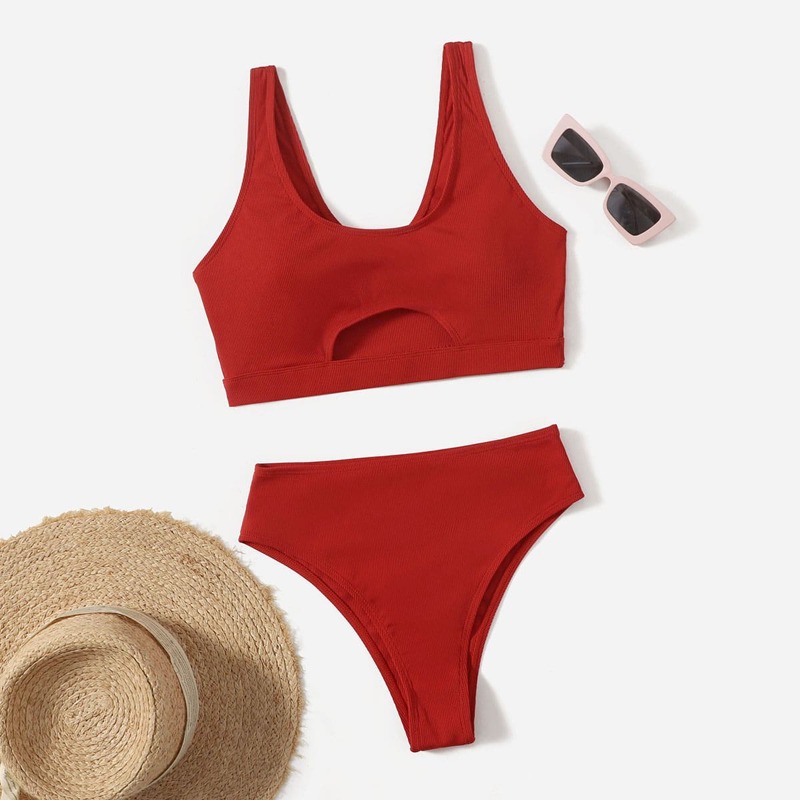 

Solid Cut Out Bikini Swimsuit, Red