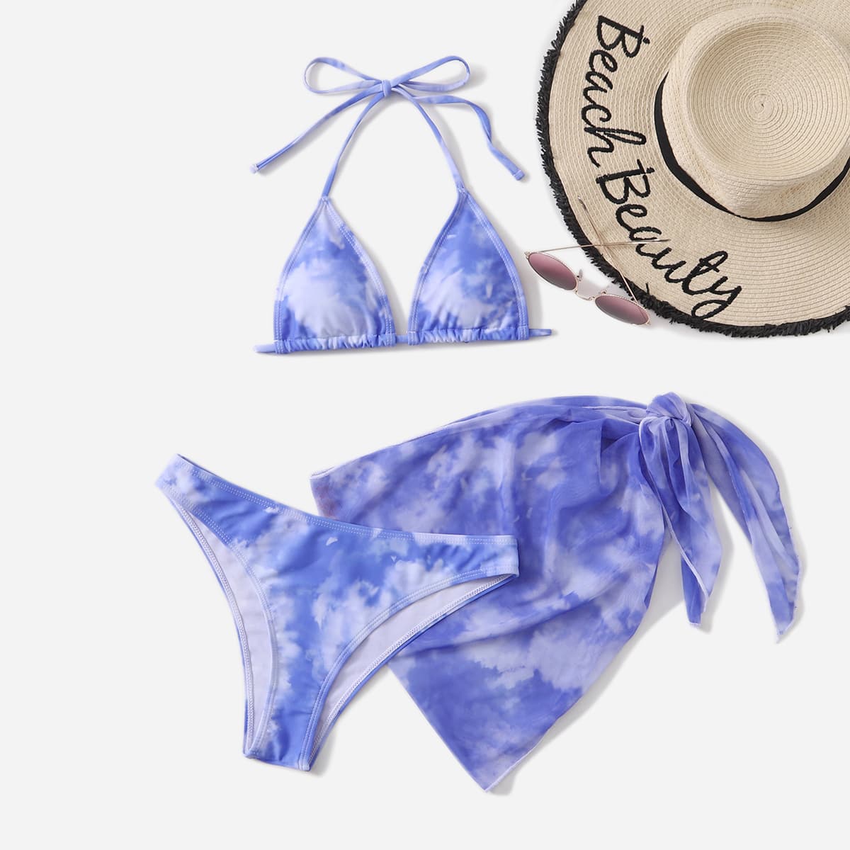 

3pack Tie Dye Bikini Swimsuit With Beach Skirt, Blue