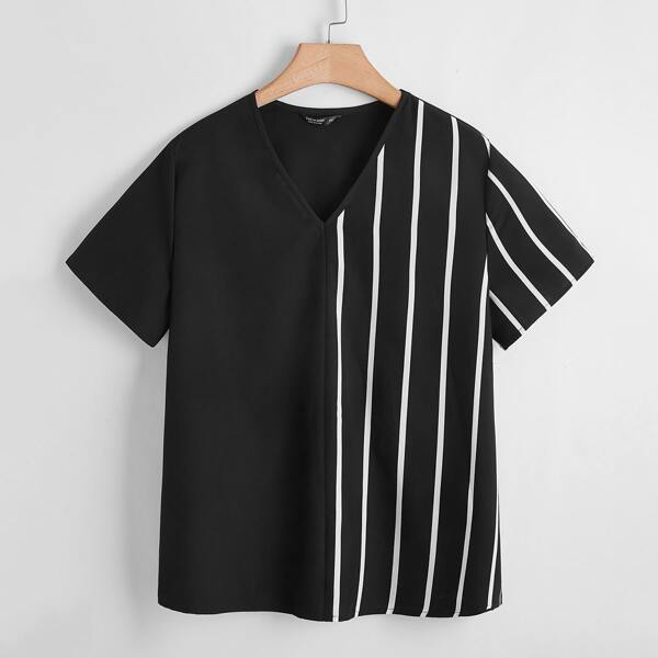 

Plus V-neck Striped Blouse, Black