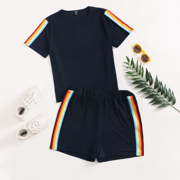 

Plus Striped Panel Tee & Track Shorts, Navy blue