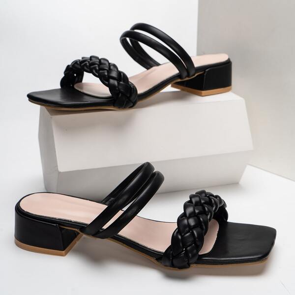 

Braided Strap Block Heeled Mules, Black