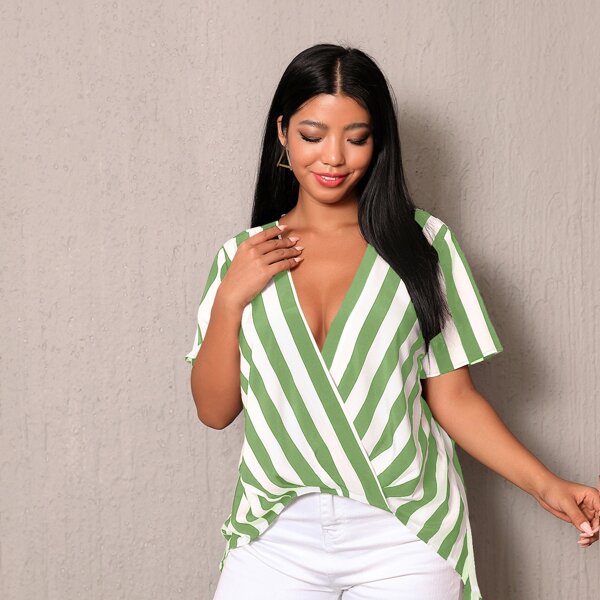 

Plus Striped Print High Low Blouse, Multicolor
