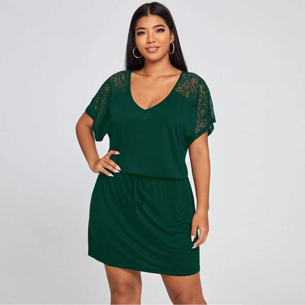 

Plus Contrast Lace Sleeve Fitted Dress, Dark green