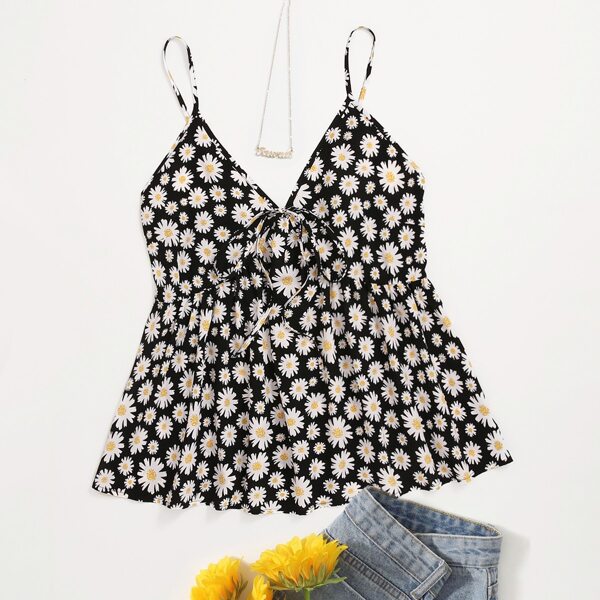 

Plus Floral Print Tie Front Cami Top, Multicolor