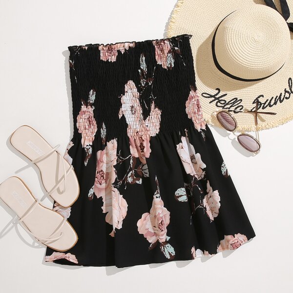 

Plus Floral Print Shirred Tube Top, Black