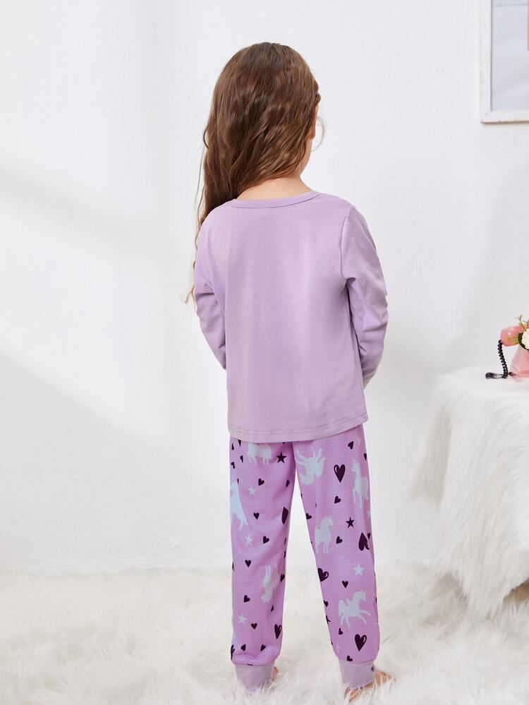Toddler Girls Unicorn And Heart Print PJ Set - Lilac Purple - View 2