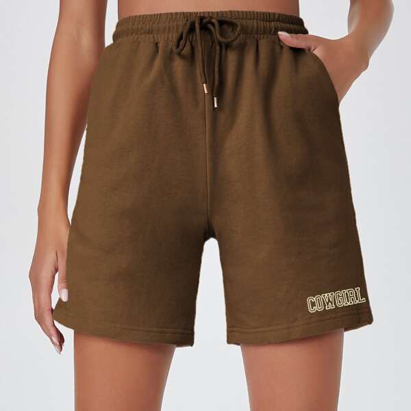 

Letter Graphic Drawstring Waist Shorts, Brown