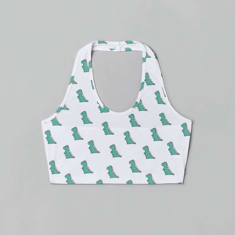 

Cartoon Dinosaur Print Halter Top, White