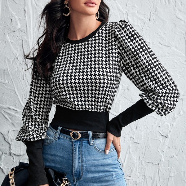 

Houndstooth Print Gigot Sleeve Top, Black and white