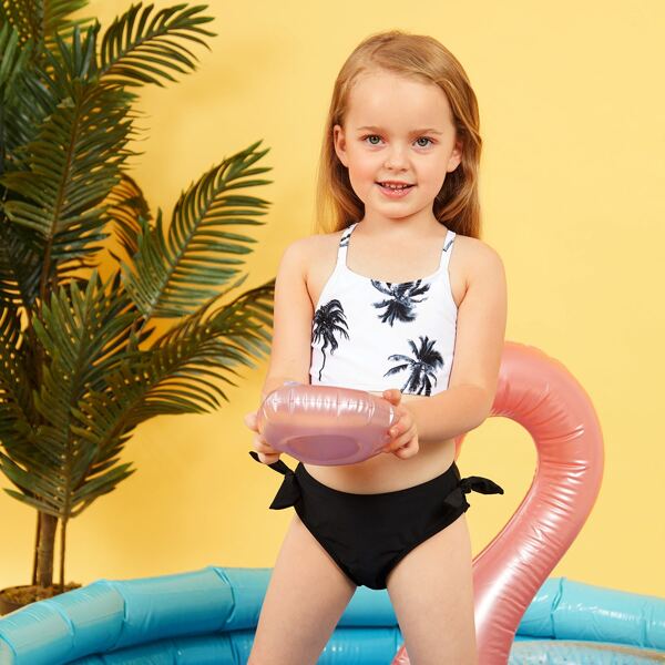 

Toddler Girls Palm Tree Print Cross Back Bikini Swimsuit, Black and white