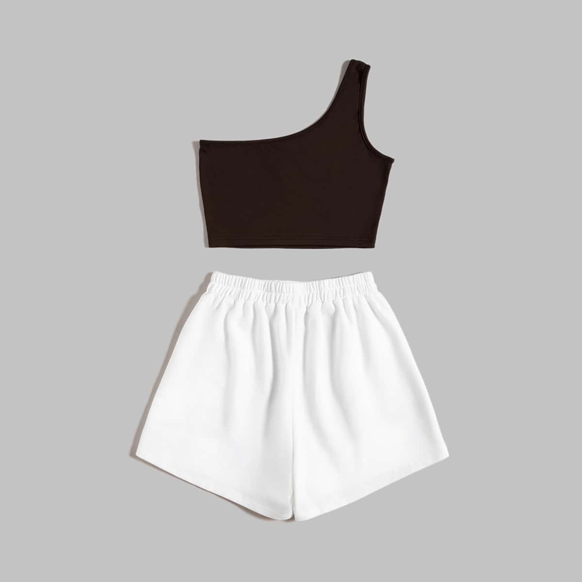 

One Shoulder Crop Top & Letter Shorts, Multicolor