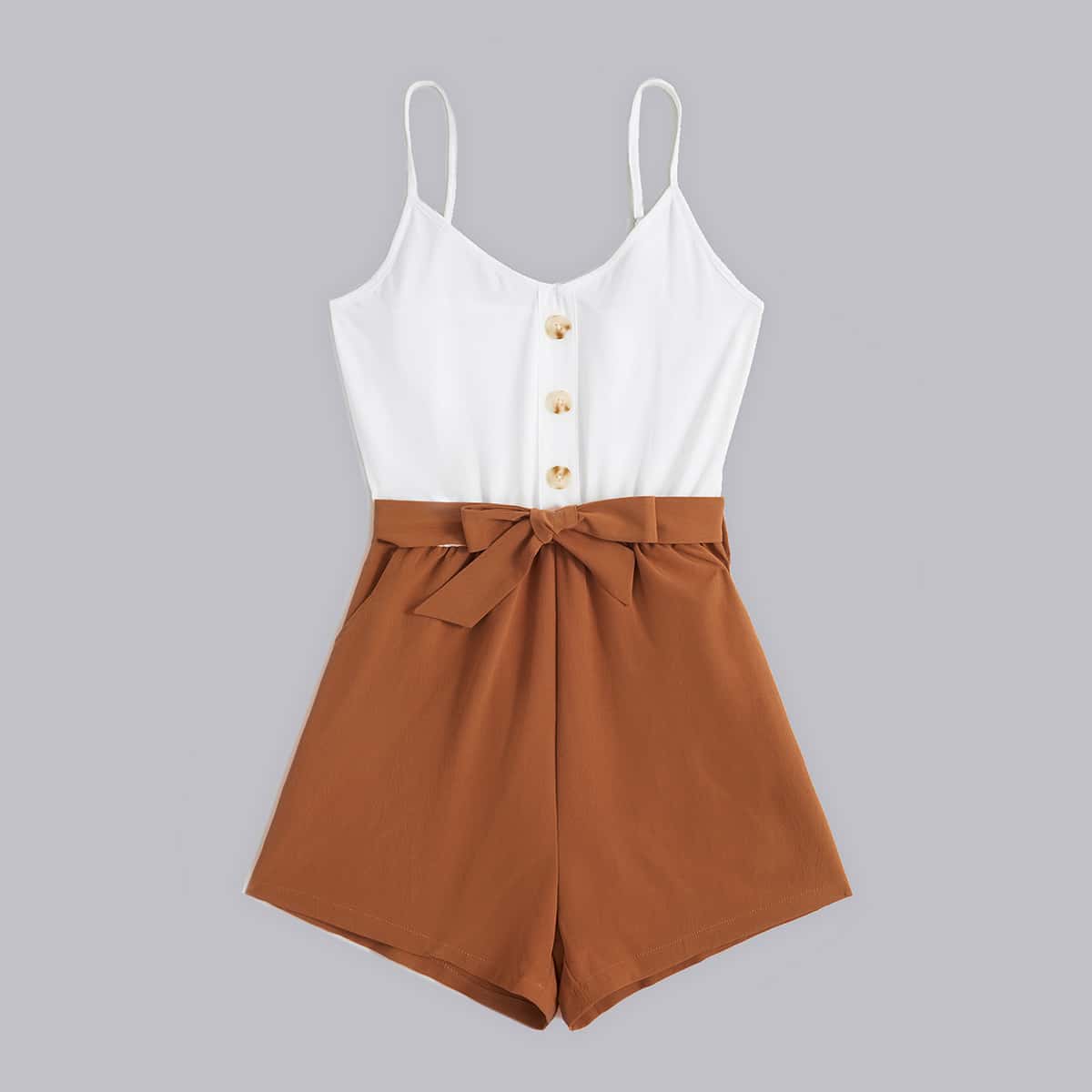 

Colorblock Button Belted Romper, Multicolor