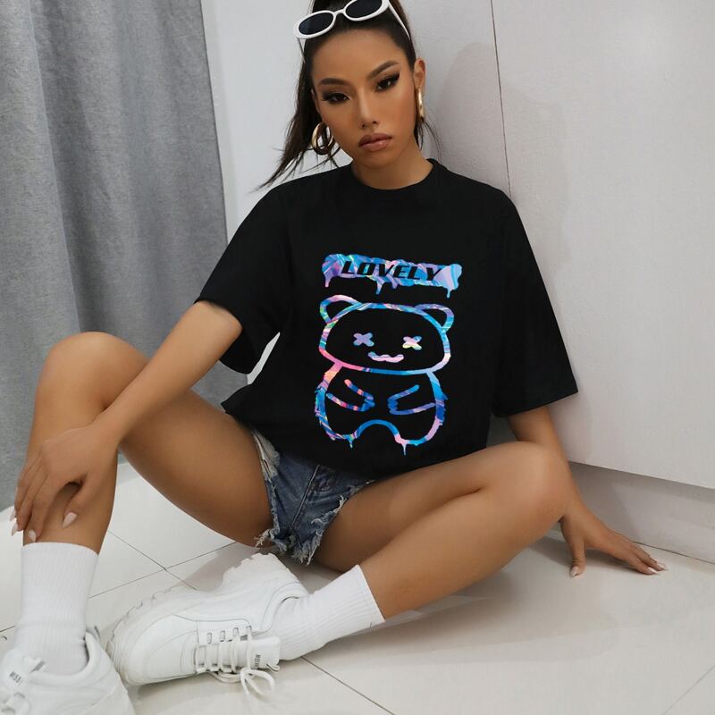 

Reflective Bear & Letter Graphic Oversized Tee, Black