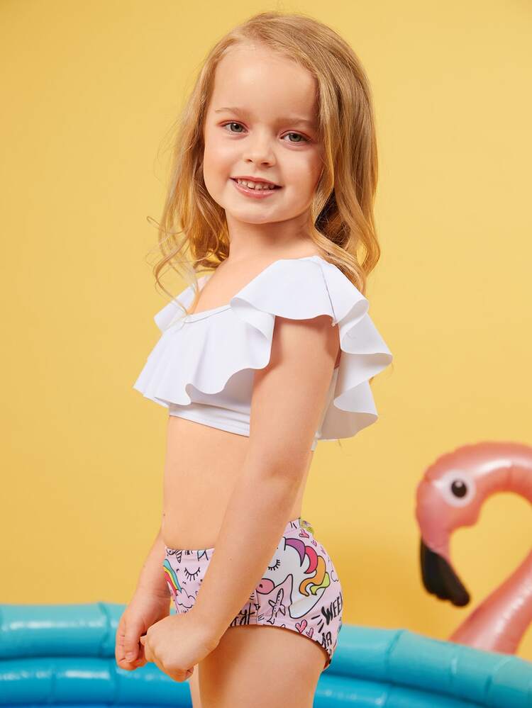 Young Girl Cartoon Graphic Ruffle Bikini Set Summer Beach - Multicolor - View 3