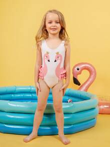 小女童火烈鳥圖案荷葉邊連體泳衣 - 白色 - 查看 1