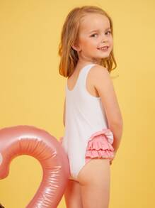 小女童火烈鳥圖案荷葉邊連體泳衣 - 白色 - 查看 2