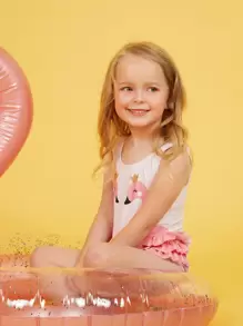 小女童火烈鳥圖案荷葉邊連體泳衣 - 白色 - 查看 3