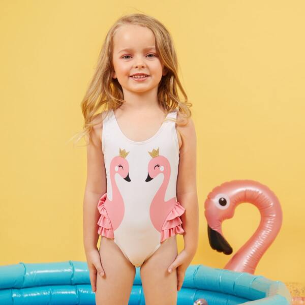 

Toddler Girls Flamingo Print Ruffle One Piece Swimsuit, Baby pink