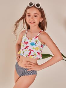 Tween Girl 恐龙和条纹荷叶边比基尼套装夏季海滩 - 彩色 - 查看 1