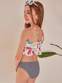 Tween Girl 恐龙和条纹荷叶边比基尼套装夏季海滩 - 彩色 - 查看 2