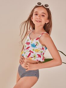 Tween Girl 恐龙和条纹荷叶边比基尼套装夏季海滩 - 彩色 - 查看 3