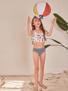 Tween Girl 恐龙和条纹荷叶边比基尼套装夏季海滩 - 彩色 - 查看 4