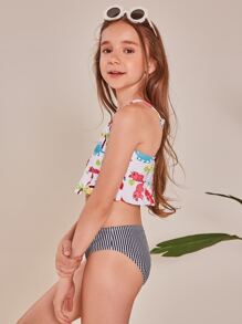 Tween Girl 恐龙和条纹荷叶边比基尼套装夏季海滩 - 彩色 - 查看 5