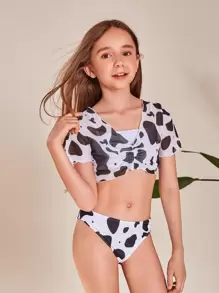 3packs Tween Girl Cow Print Bikini Set With Cover Up Summer Beach - Black and White - View 1