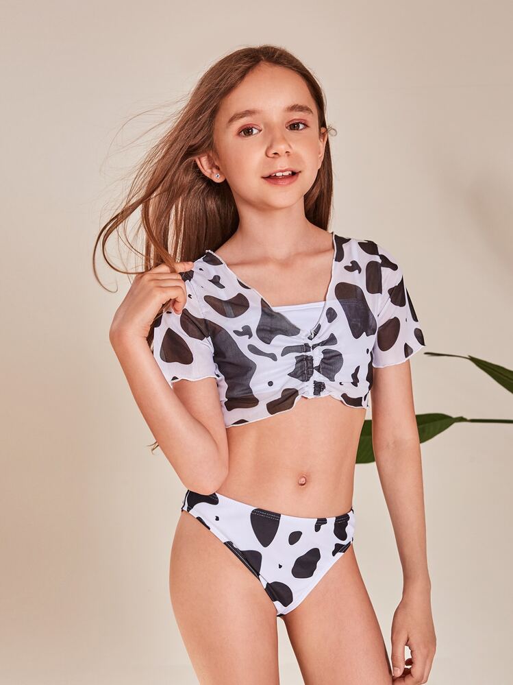 3 paquetes Conjunto de bikini con estampado de vaca y cubre para niña preadolescente, para playa de verano - Blanco y Negro - Añade 1