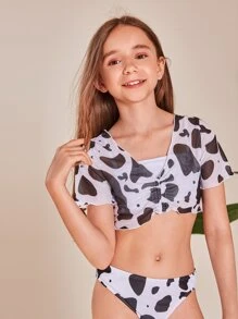 3packs Tween Girl Cow Print Bikini Set With Cover Up Summer Beach - Black and White - View 3