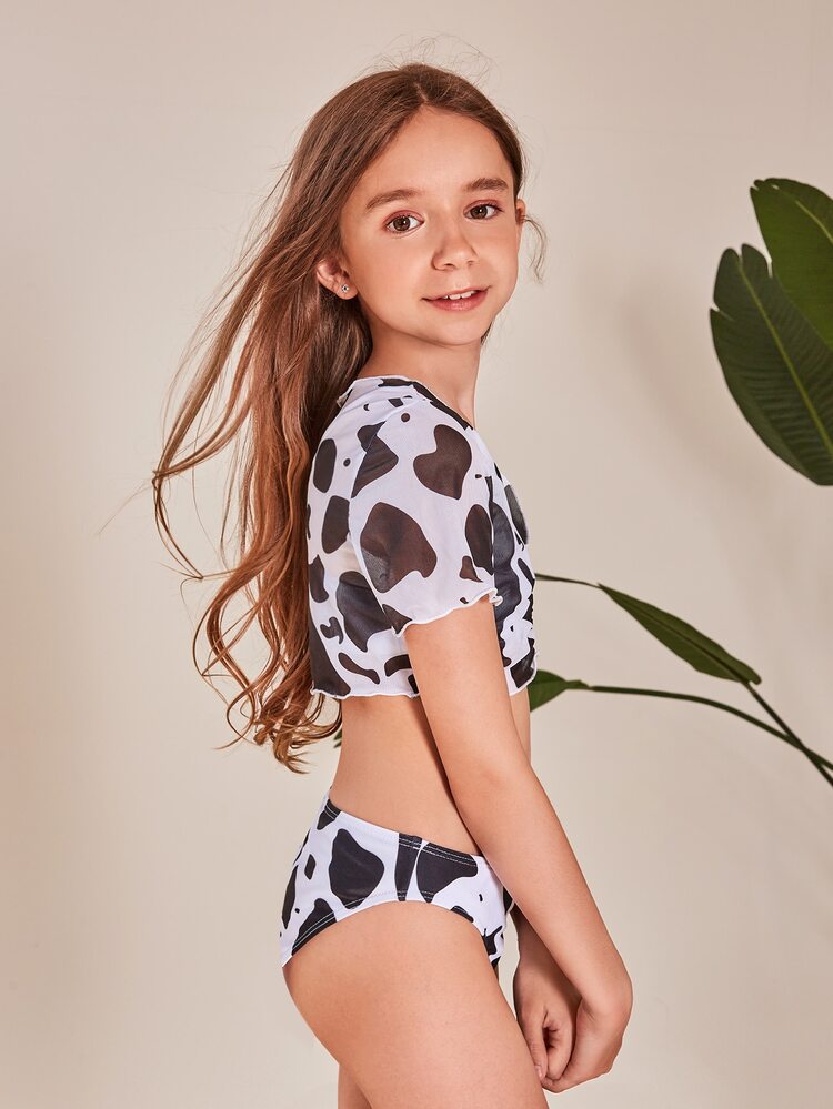 3 paquetes Conjunto de bikini con estampado de vaca y cubre para niña preadolescente, para playa de verano - Blanco y Negro - Añade 4