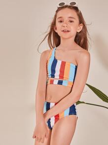 Conjunto de bikini de un hombro con corte para niña preadolescente, a rayas, para playa de verano - Multicolor - Ver 1