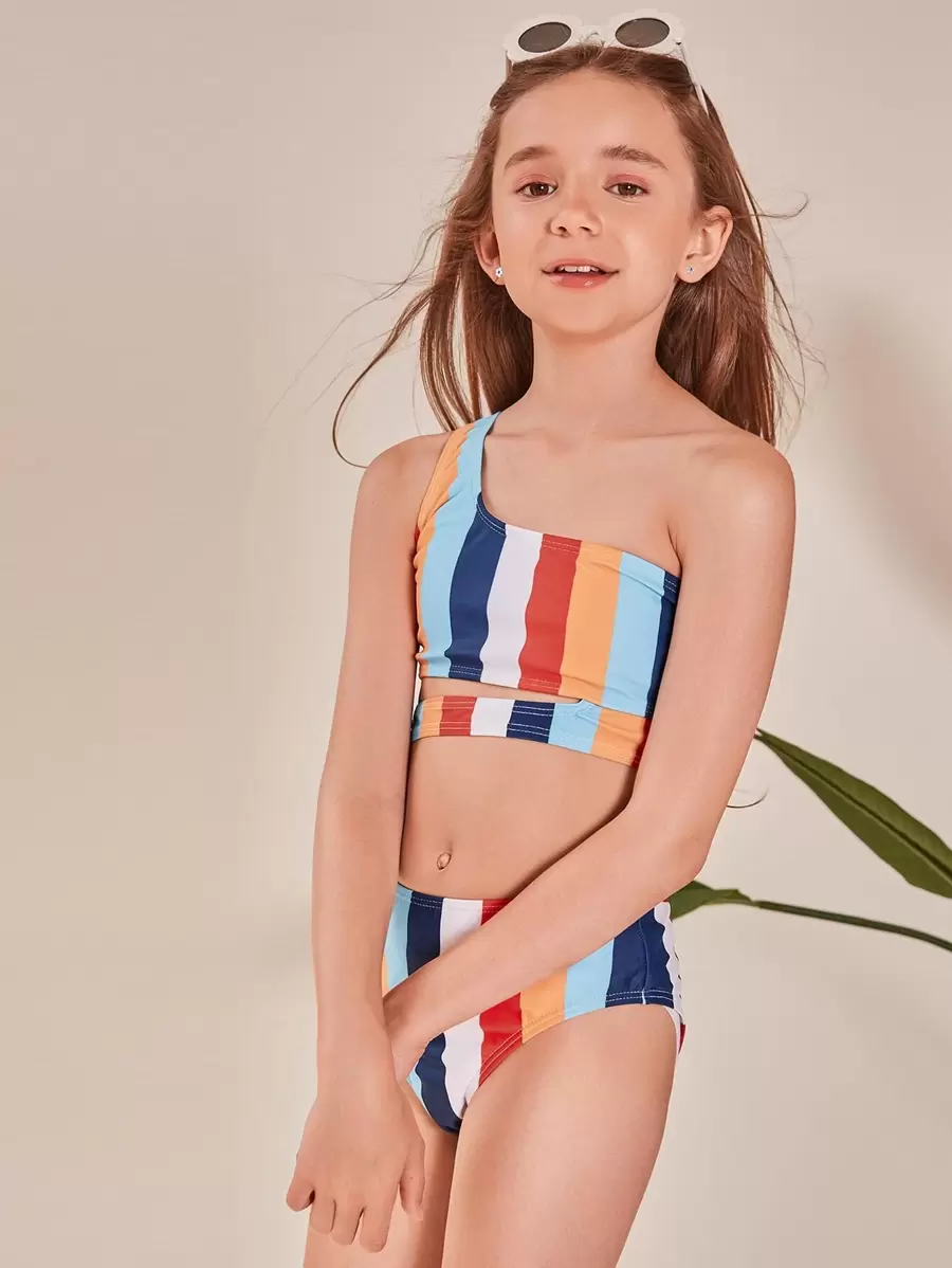 Conjunto de bikini de un hombro con corte para niña preadolescente, a rayas, para playa de verano - Multicolor - Ver 1