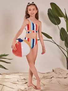 Conjunto de bikini de un hombro con corte para niña preadolescente, a rayas, para playa de verano - Multicolor - Ver 3