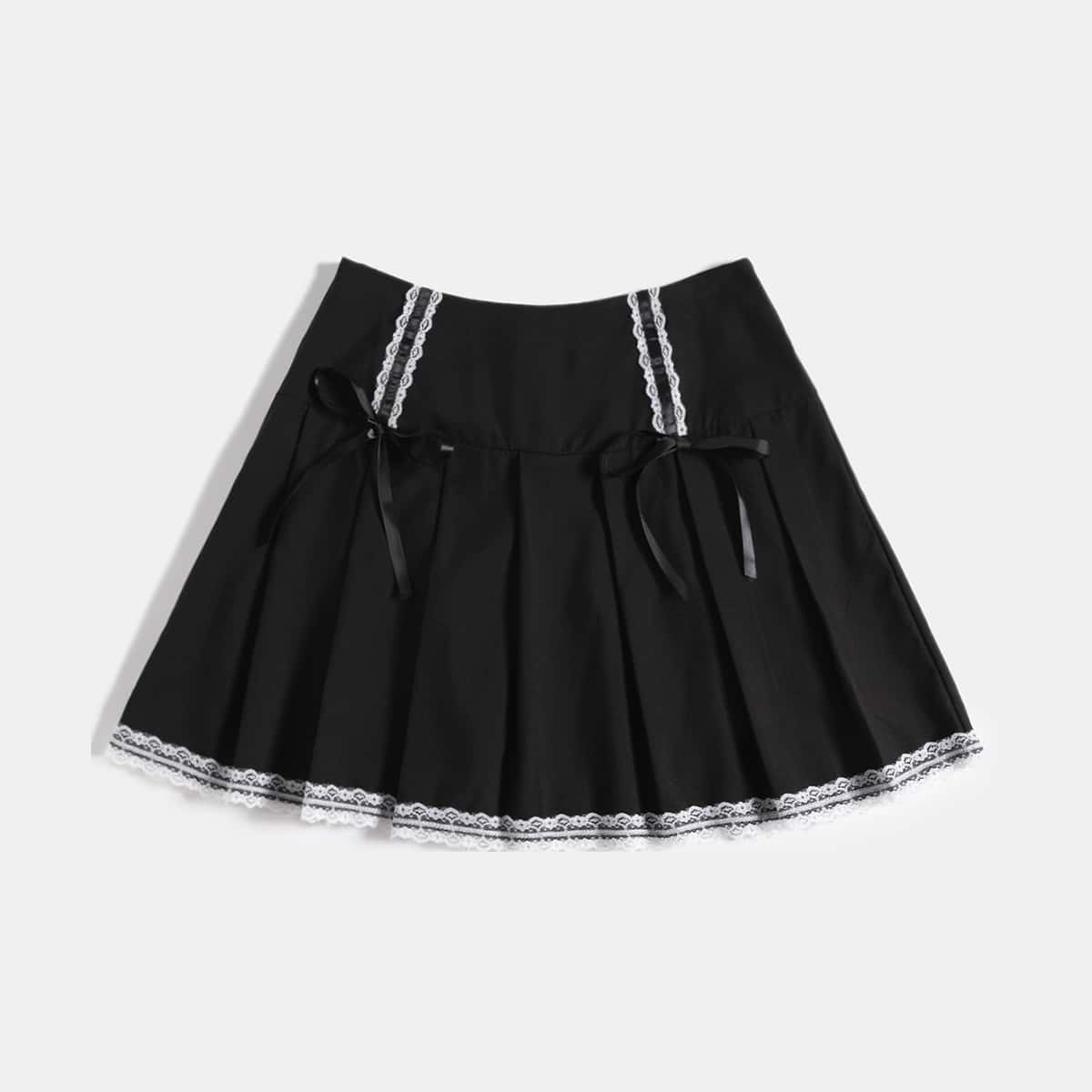 

Lace Trim Pleated Bow Skirt, Black