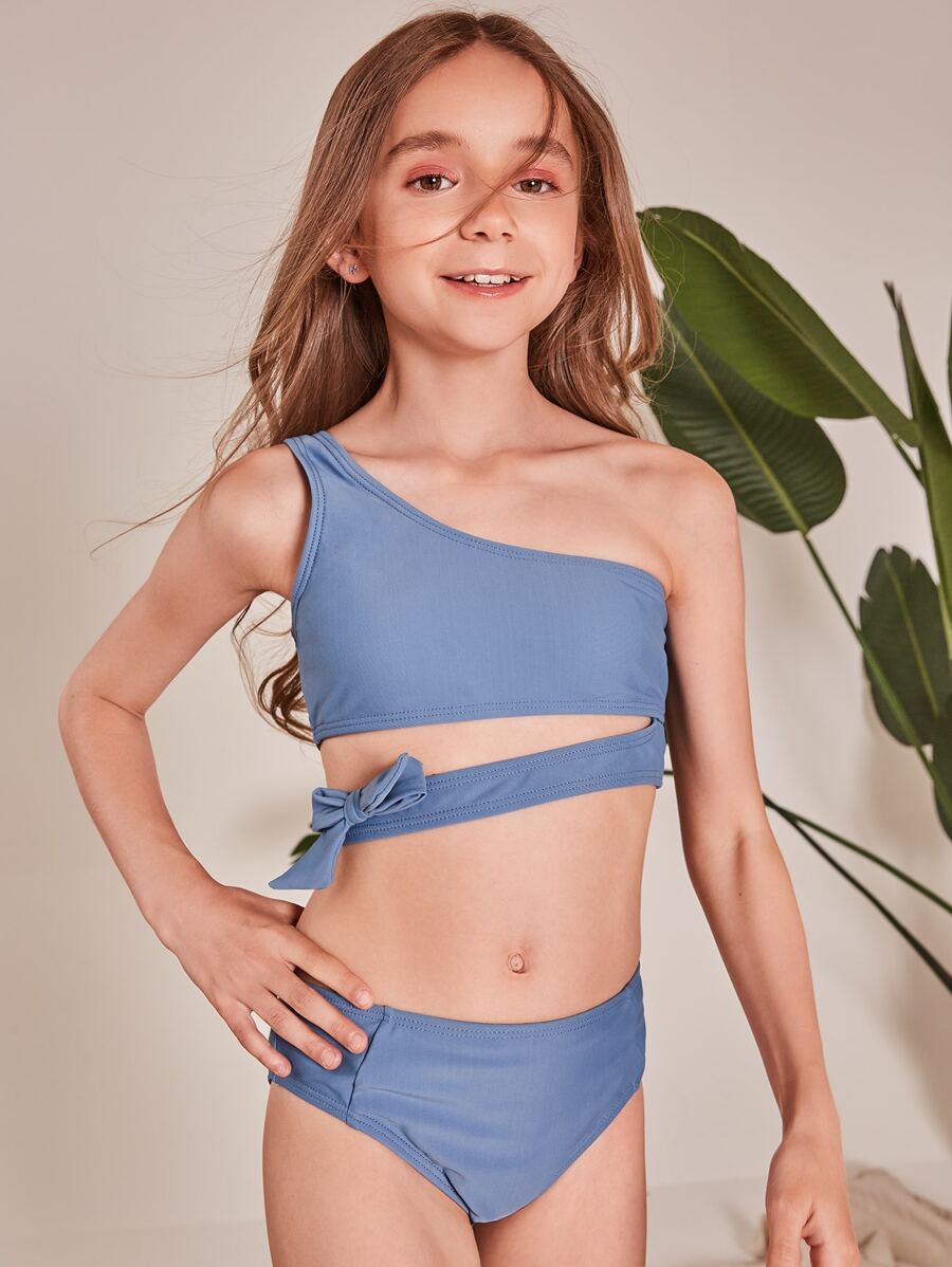 Tween Girl Cut-Out One Shoulder Bikini Set Summer Beach - Navy Blue - View 1