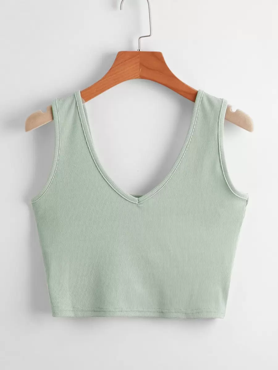 SHEIN Unity Ribbed Solid Tank Top - Olive Green - View 1
