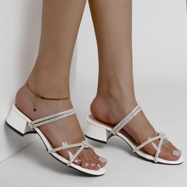 

Clear Rhinestone Decor Chunky Heeled Mules, White