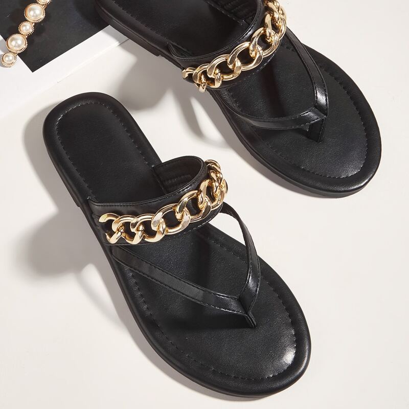 

Chain Decor Thong Sandals, Black