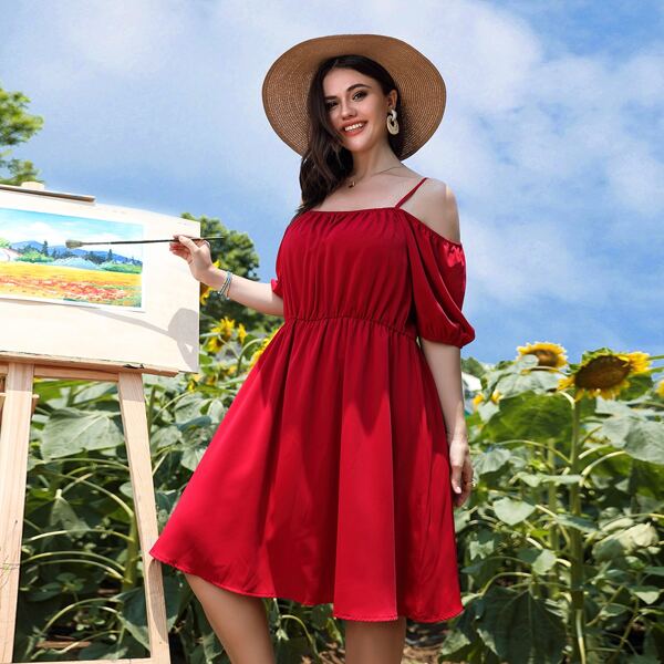 

Plus Solid Cold Shoulder A-line Dress, Burgundy