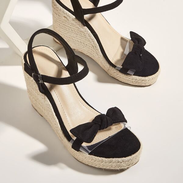 

Bow Decor Ankle Strap Espadrille Wedge Sandals, Black