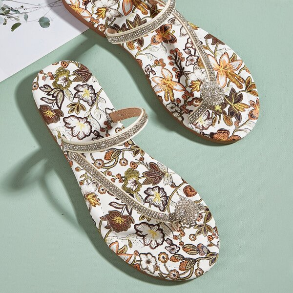 

Rhinestone Decor Floral Embroidery Thong Sandals, Multicolor