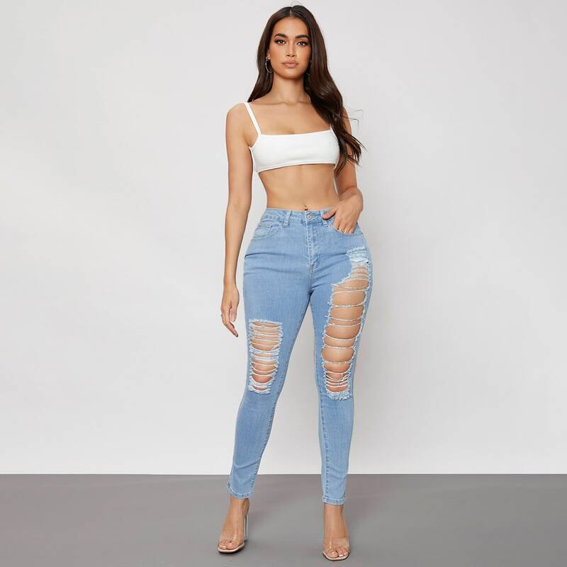 

Ripped High Waist Skinny Jeans, Light wash