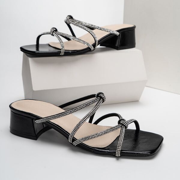 

Rhinestone Decor Knot Design Chunky Sandal Mules, Black