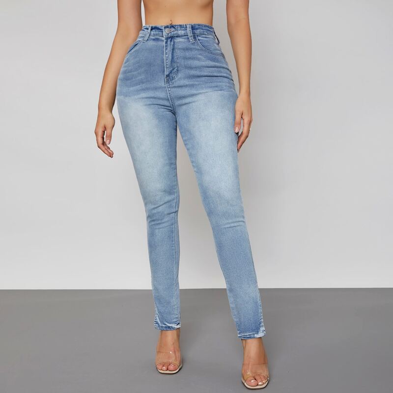 

Stone Wash Split Hem Skinny Jeans, Light wash