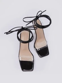 Giày cao gót buộc dây đơn giản màu trơn cho nữ, thoải mái để mặc hàng ngày - màu đen - Xem 4