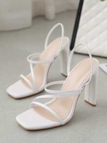 Women Thin Strap Chunky Heeled Slingback Sandals, Elegant Summer Heeled Sandals - White - View 1