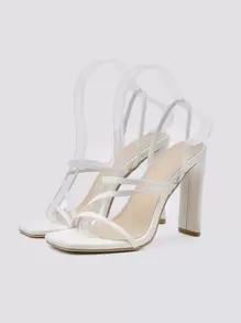 Women Thin Strap Chunky Heeled Slingback Sandals, Elegant Summer Heeled Sandals - White - View 4