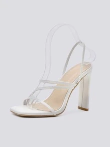 Women Thin Strap Chunky Heeled Slingback Sandals, Elegant Summer Heeled Sandals - White - View 5